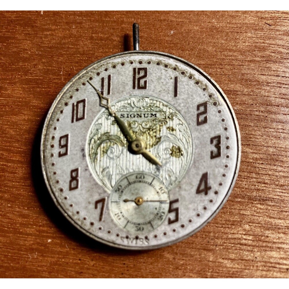 Vintage Signum Pocket Watch Movement Manual Wind Swiss Deco Dial Parts Repair